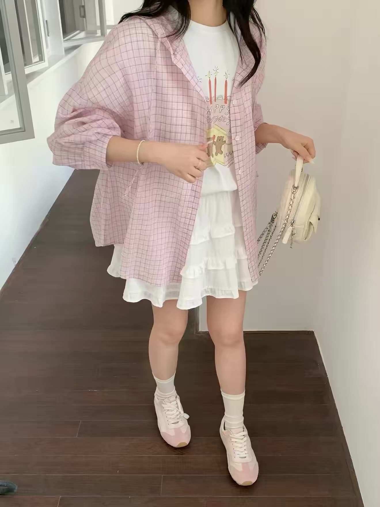 있음 창고 후드 핑크색 체크무늬 자외선 차단 여성 셔츠 상세 이미지 3