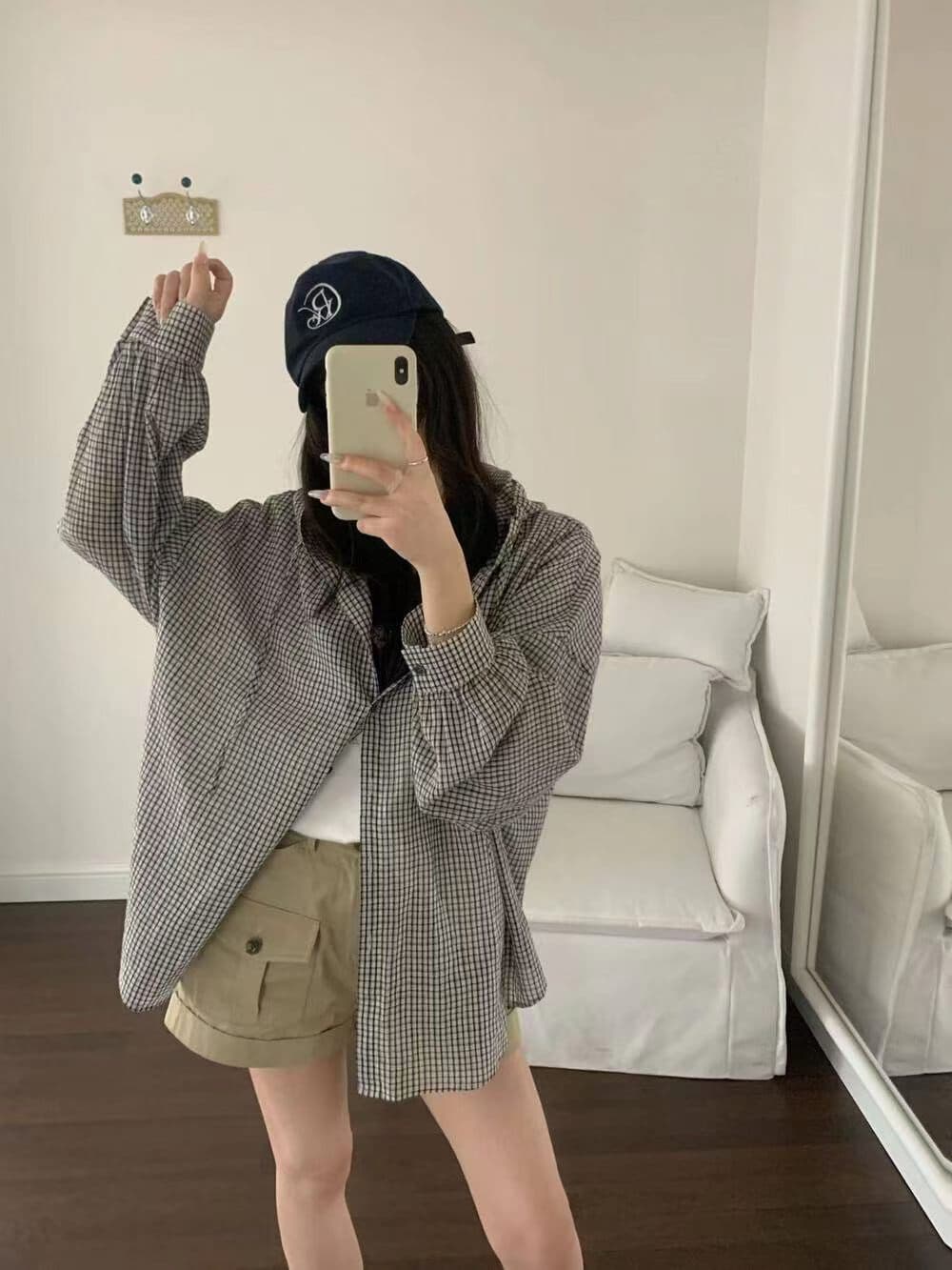있음 창고 후드 핑크색 체크무늬 자외선 차단 여성 셔츠 상세 이미지 12