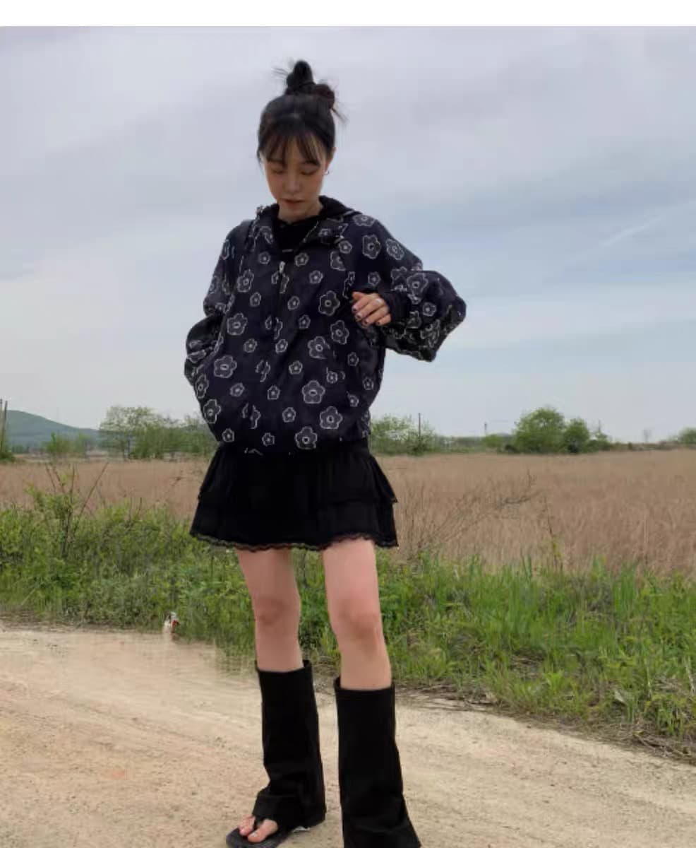있음 창고 꽃 어둠 곡물 레트로 귀여운 프린트 후드 얇은 스타일 자외선 차단 다용도 나일론 재킷 상세 이미지 14
