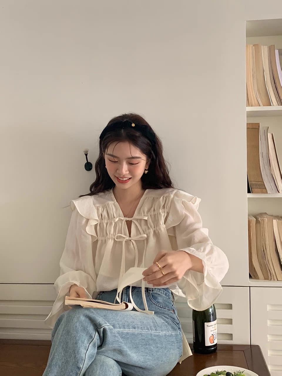 있음 창고 한국 ounce 프릴 셔츠 레이스업 품격 프릴 단색 다용도 루즈핏 맨위 여성 이미지 4