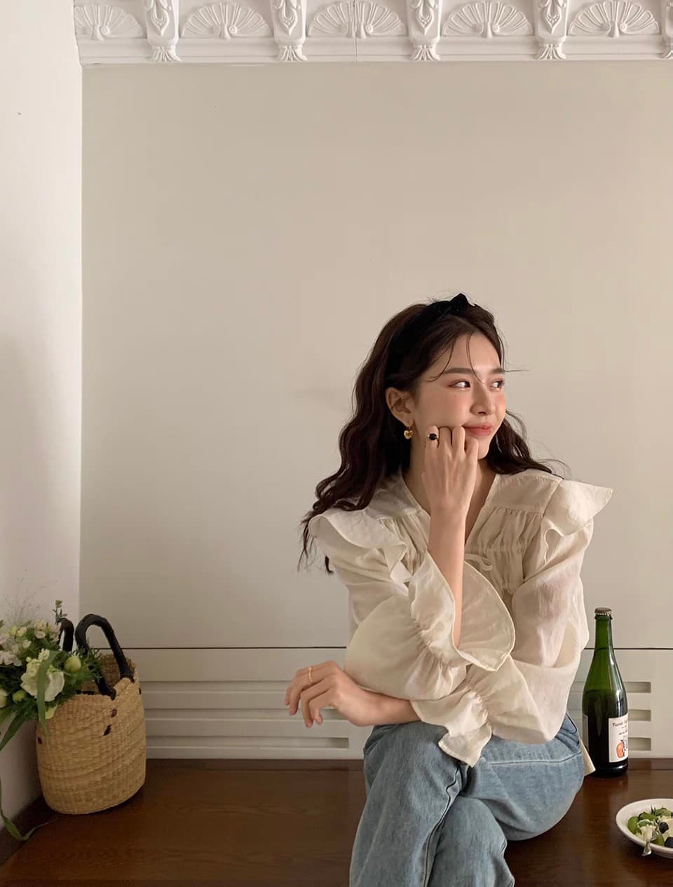 있음 창고 한국 ounce 프릴 셔츠 레이스업 품격 프릴 단색 다용도 루즈핏 맨위 여성 상세 이미지 15