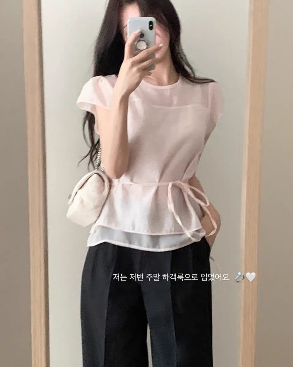 있음 창고 부드러운 한 바람 프릴 펌프 로프 반팔 티셔츠 여성 여름 얇은 셔츠