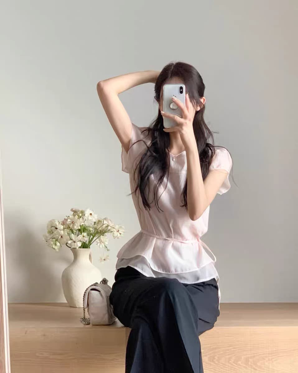 있음 창고 부드러운 한 바람 프릴 펌프 로프 반팔 티셔츠 여성 여름 얇은 셔츠 이미지 2