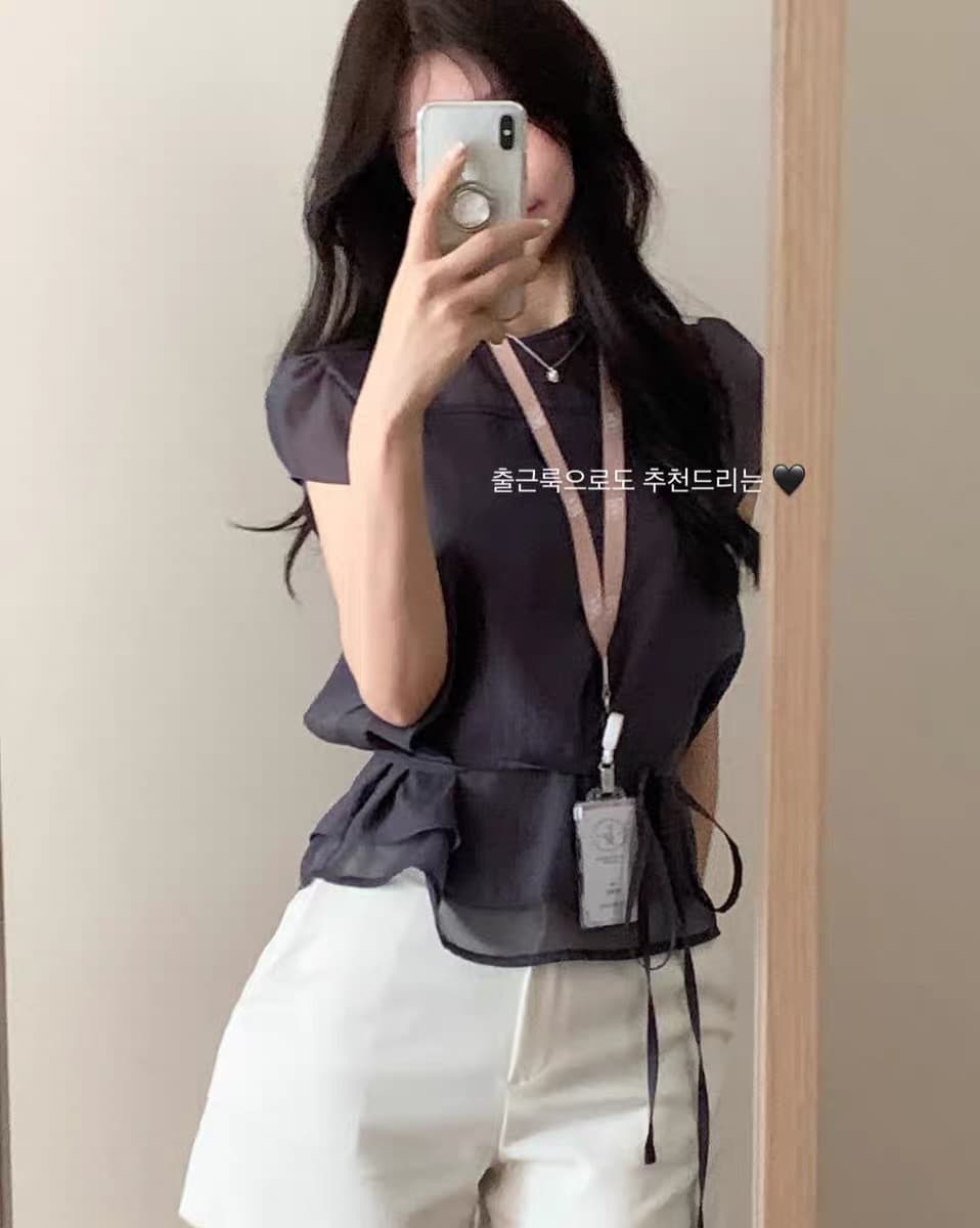 있음 창고 부드러운 한 바람 프릴 펌프 로프 반팔 티셔츠 여성 여름 얇은 셔츠 이미지 3
