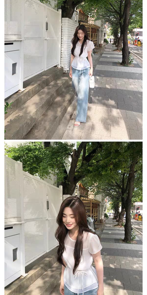 있음 창고 부드러운 한 바람 프릴 펌프 로프 반팔 티셔츠 여성 여름 얇은 셔츠 상세 이미지 3