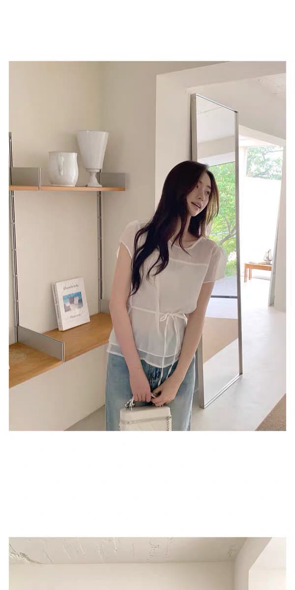 있음 창고 부드러운 한 바람 프릴 펌프 로프 반팔 티셔츠 여성 여름 얇은 셔츠 상세 이미지 8