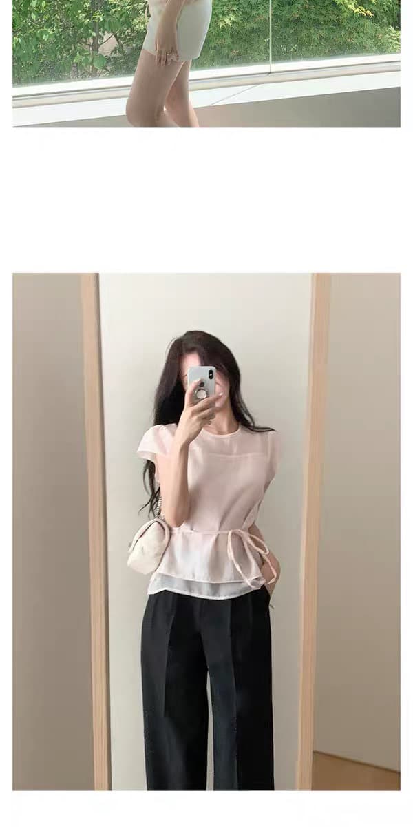 있음 창고 부드러운 한 바람 프릴 펌프 로프 반팔 티셔츠 여성 여름 얇은 셔츠 상세 이미지 19