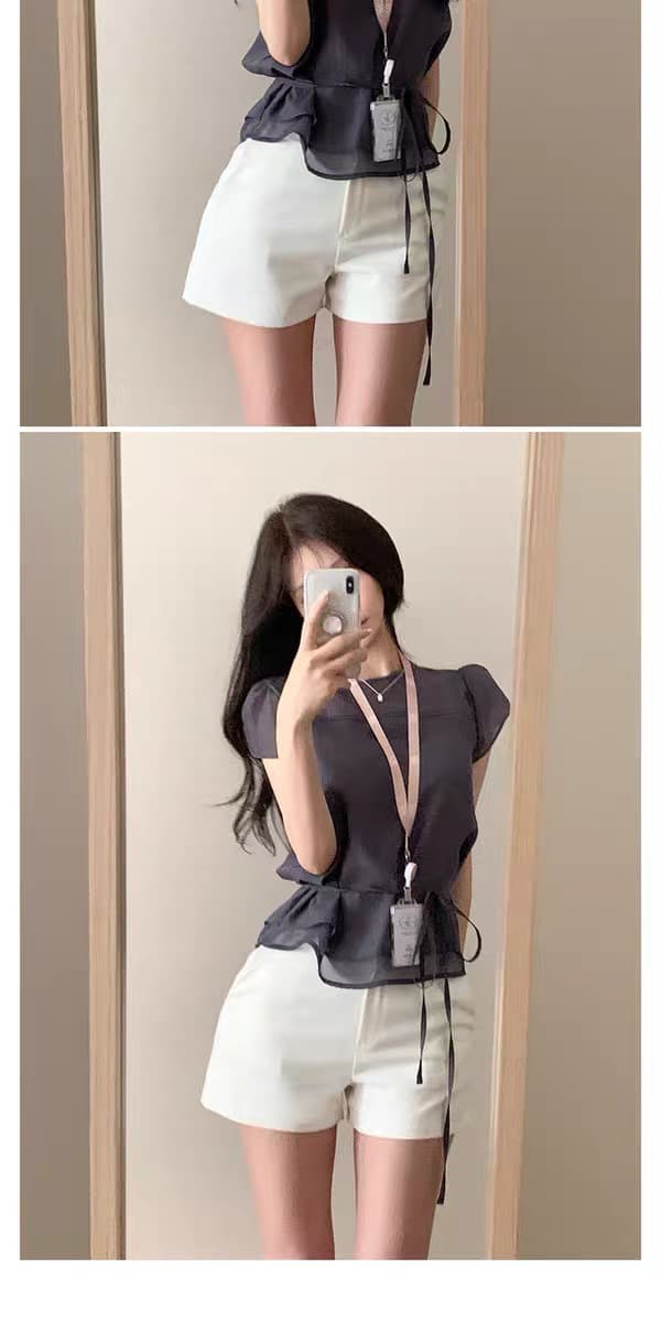 있음 창고 부드러운 한 바람 프릴 펌프 로프 반팔 티셔츠 여성 여름 얇은 셔츠 상세 이미지 31