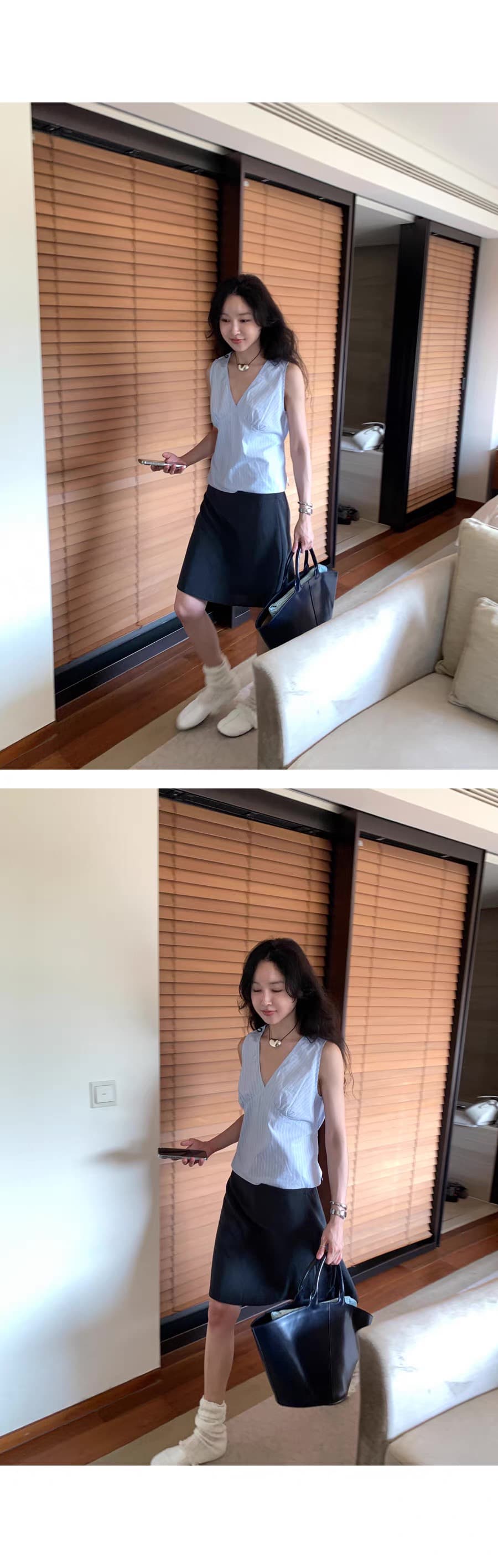 있음 창고 26 여름 섹션 슬림해 보이는 레이스업 작은 청신 스트라이프 민소매 조끼 셔츠 상세 이미지 4