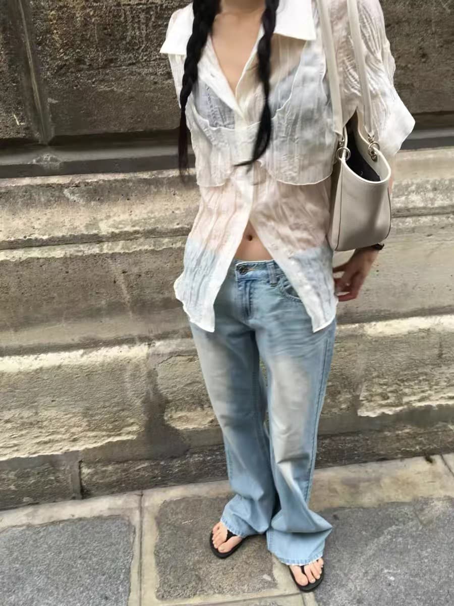 있음 창고 두 조각 여름 새로운 주름 폴로 칼라 반팔 셔츠 상세 이미지 4