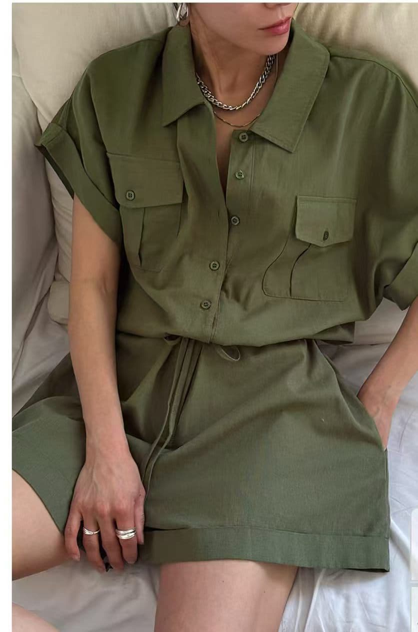 한국 워크웨어 폴로 칼라 넓은 다리 올인원 반바지 여성 여름 품격 펌프 로프 허리 수축 슬림해 보이는 패션 캐주얼 올인원 의류 상세 이미지 3