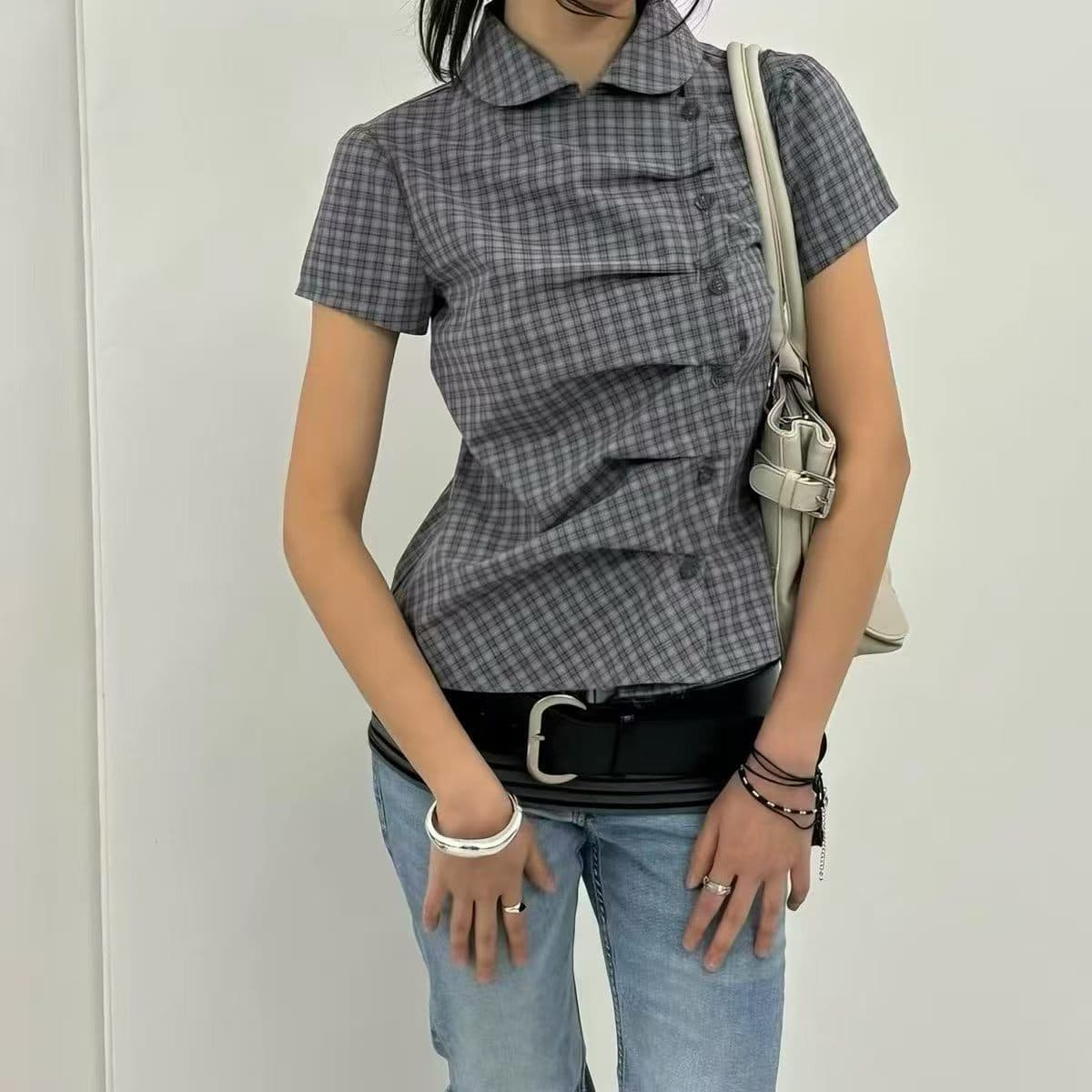 있음 창고 한국 dimanche 비대칭 비스듬한 襟 주름 단추 베이비 칼라 반팔 셔츠 상세 이미지 1