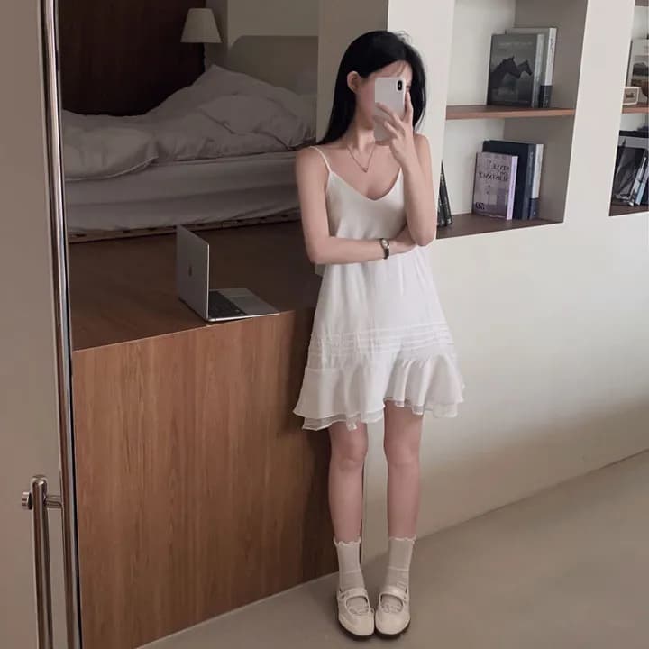 있음 창고 질감 센스 얇은 하늘을 통해 실크 Pleat 계곡 슬립 거즈 스커트 여성 이미지 2
