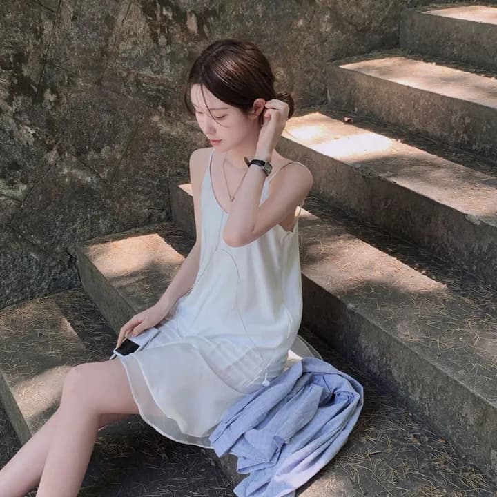 있음 창고 질감 센스 얇은 하늘을 통해 실크 Pleat 계곡 슬립 거즈 스커트 여성 상세 이미지 1