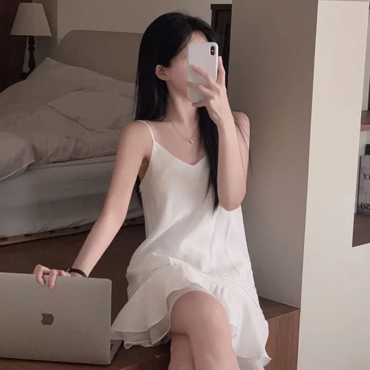 있음 창고 질감 센스 얇은 하늘을 통해 실크 Pleat 계곡 슬립 거즈 스커트 여성 상세 이미지 9