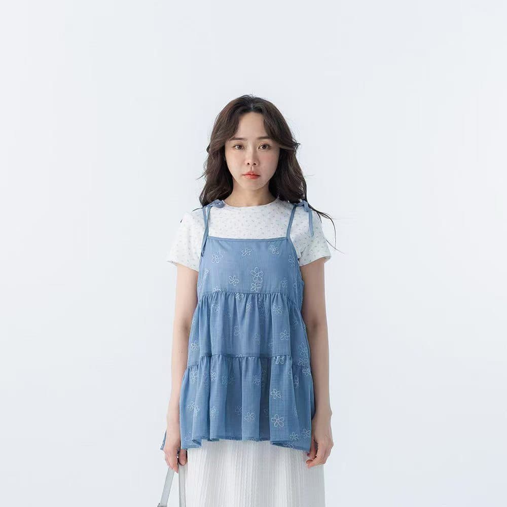 있음 창고 작은 꽃 자수 ~을 통해 피부 스트랩 블라우스 조끼 상세 이미지 5