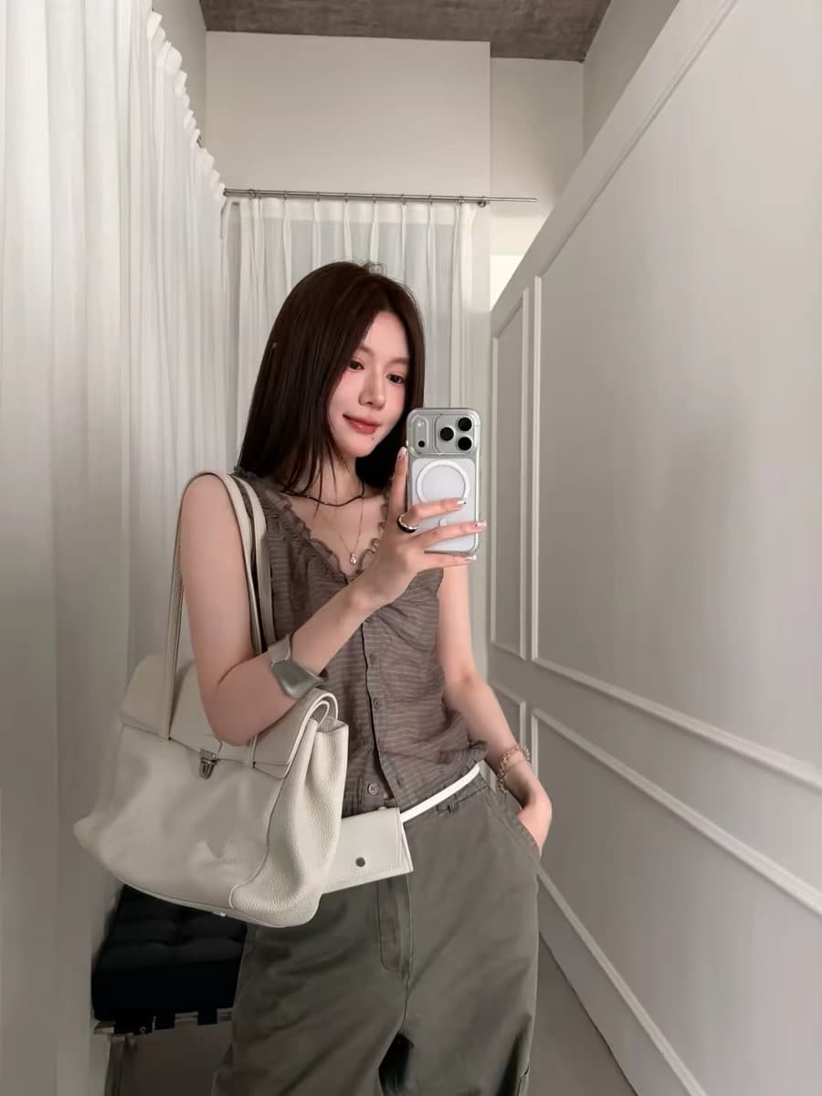 있음 창고 레트로 프릴 망사 패치워크 싱글 줄 버튼 조끼 상세 이미지 1