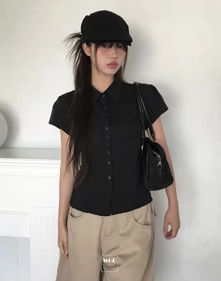 있음 창고 한국 동대문 학원 스타일 패치워크 얇은 스타일 마이크로 ~을 통해 부서 버클 폴로 칼라 반팔 셔츠 상세 이미지 14