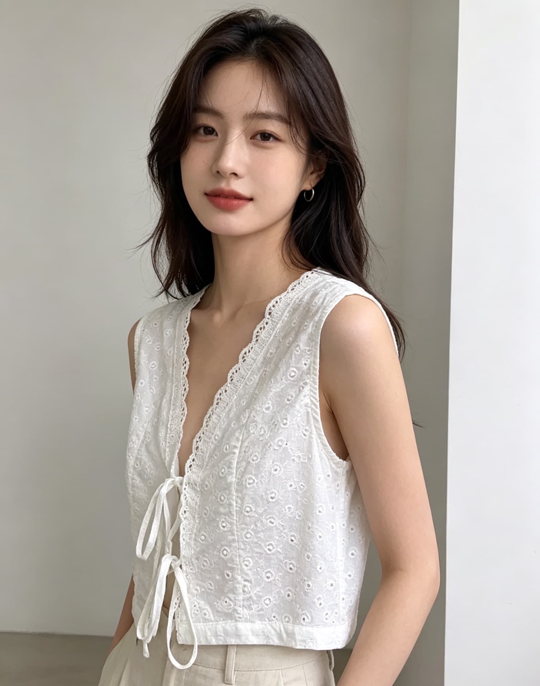 있음 창고 한국 ins 달콤함 스트랩 레이스 레이스 패치워크 V넥 조끼 셔츠 이미지 4