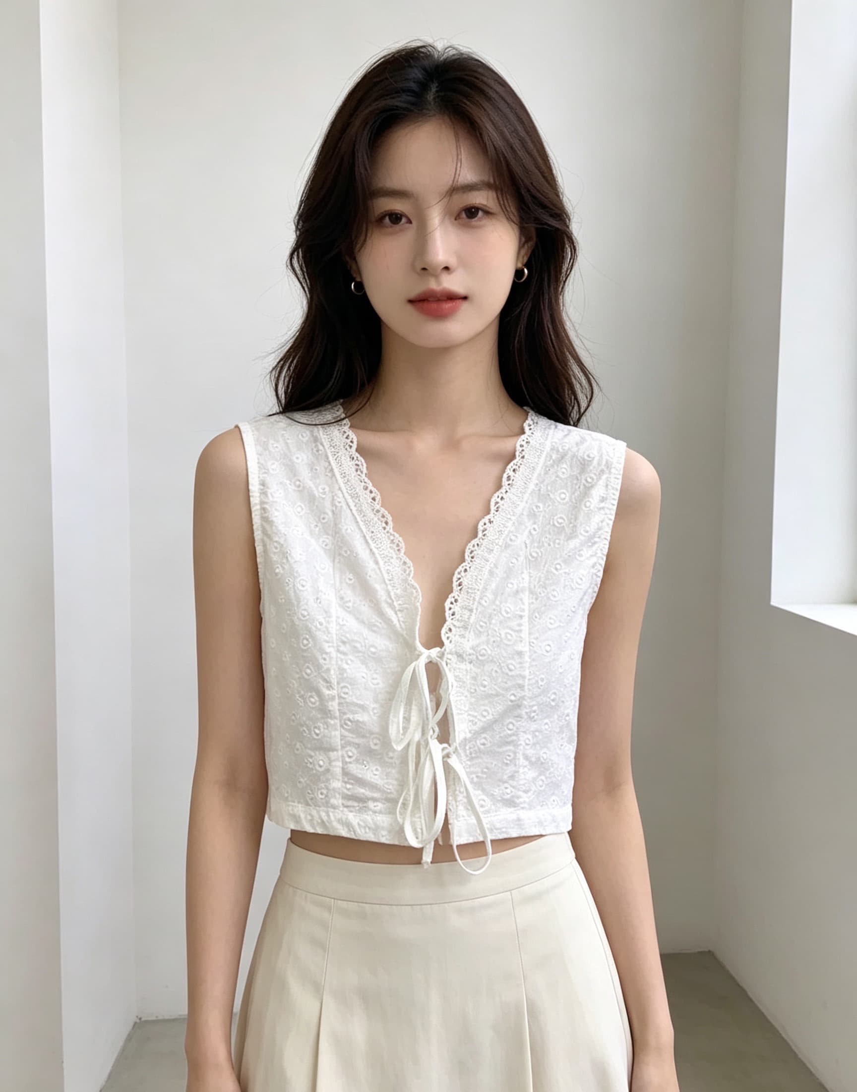 있음 창고 한국 ins 달콤함 스트랩 레이스 레이스 패치워크 V넥 조끼 셔츠 상세 이미지 4