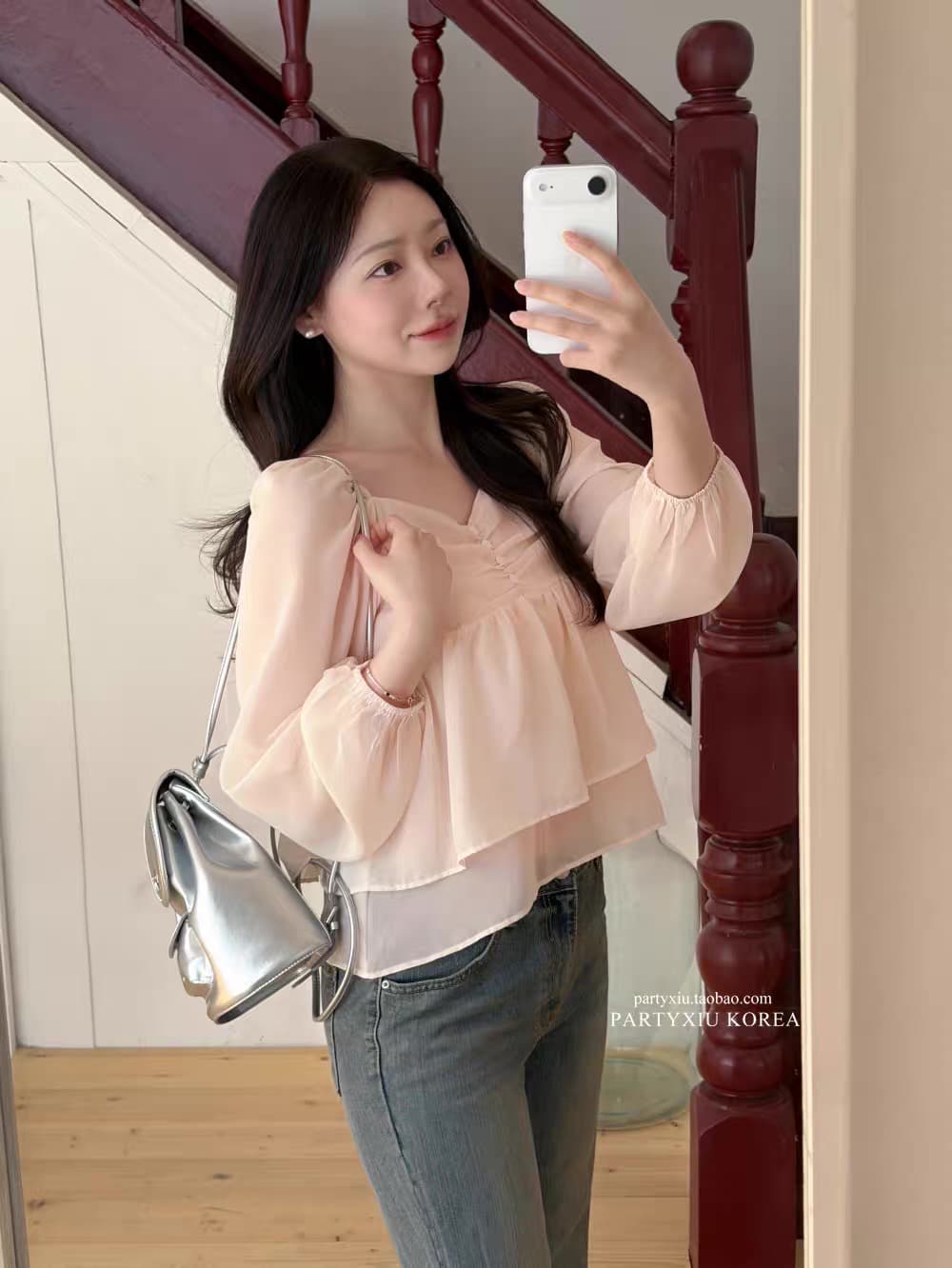 있음 창고 부드러운 달콤함 부드러운 분말 심장 칼라 이중층 쉬폰 긴팔 셔츠 이미지 2