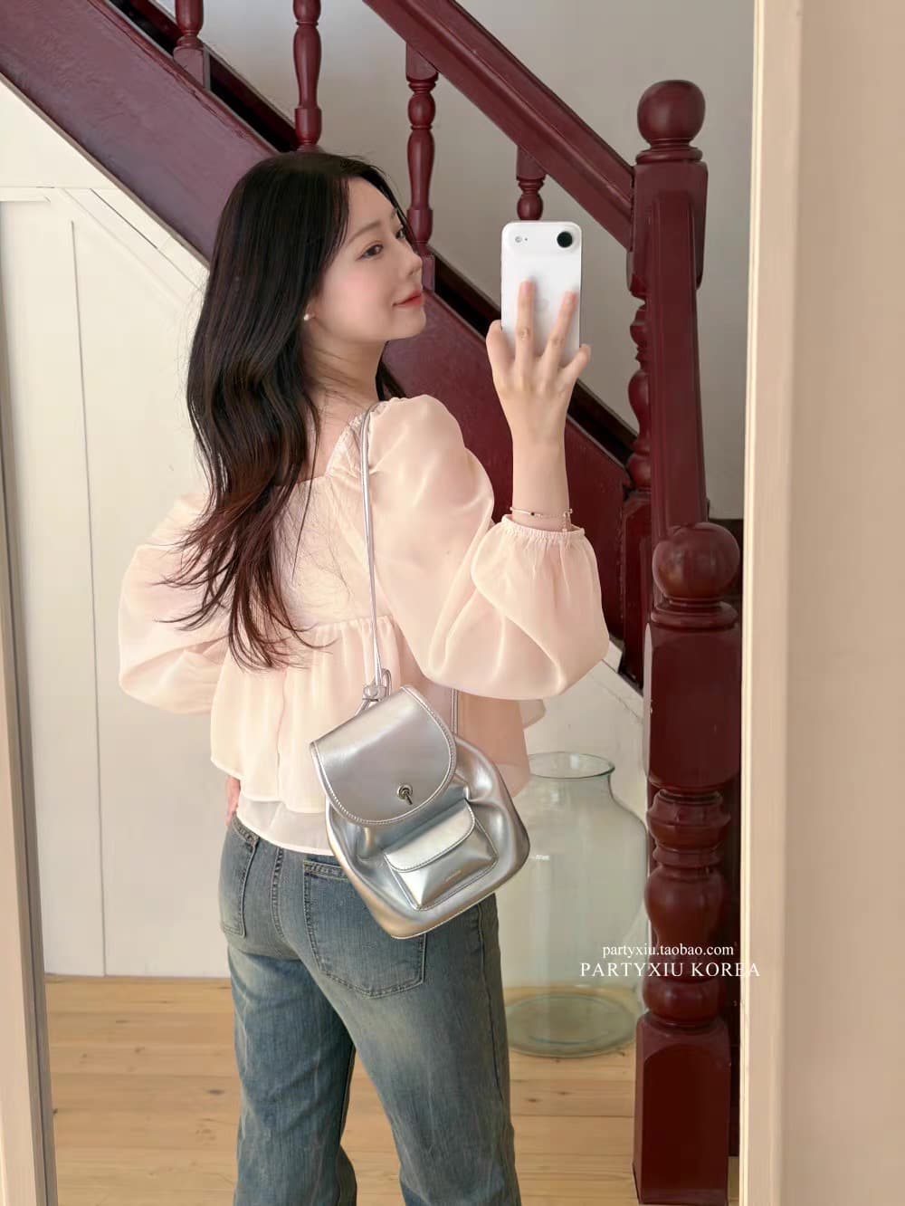 있음 창고 부드러운 달콤함 부드러운 분말 심장 칼라 이중층 쉬폰 긴팔 셔츠 상세 이미지 2