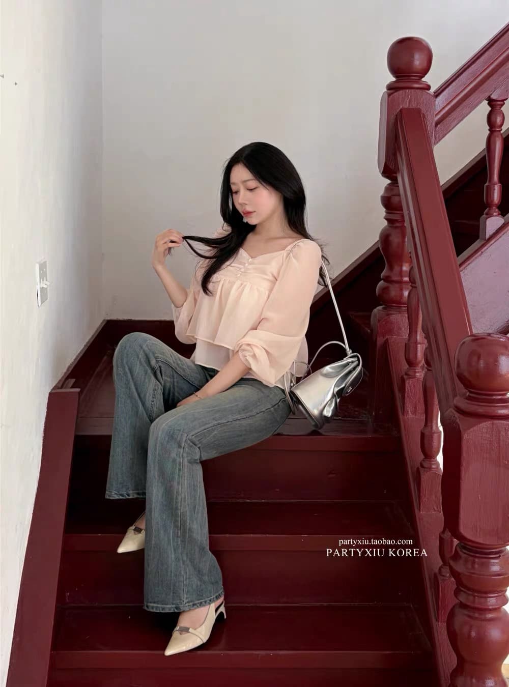 있음 창고 부드러운 달콤함 부드러운 분말 심장 칼라 이중층 쉬폰 긴팔 셔츠 상세 이미지 10
