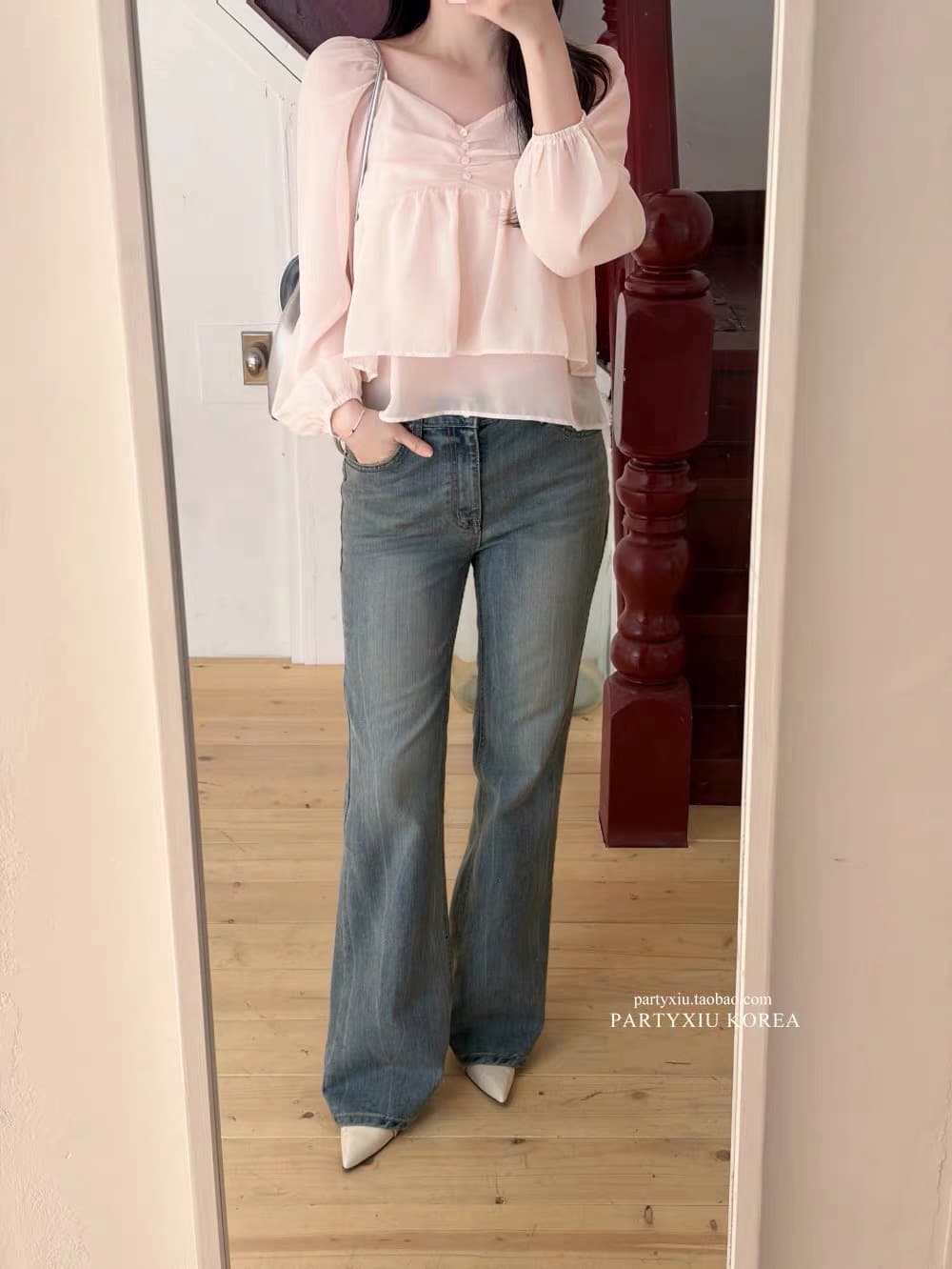 있음 창고 부드러운 달콤함 부드러운 분말 심장 칼라 이중층 쉬폰 긴팔 셔츠 상세 이미지 11