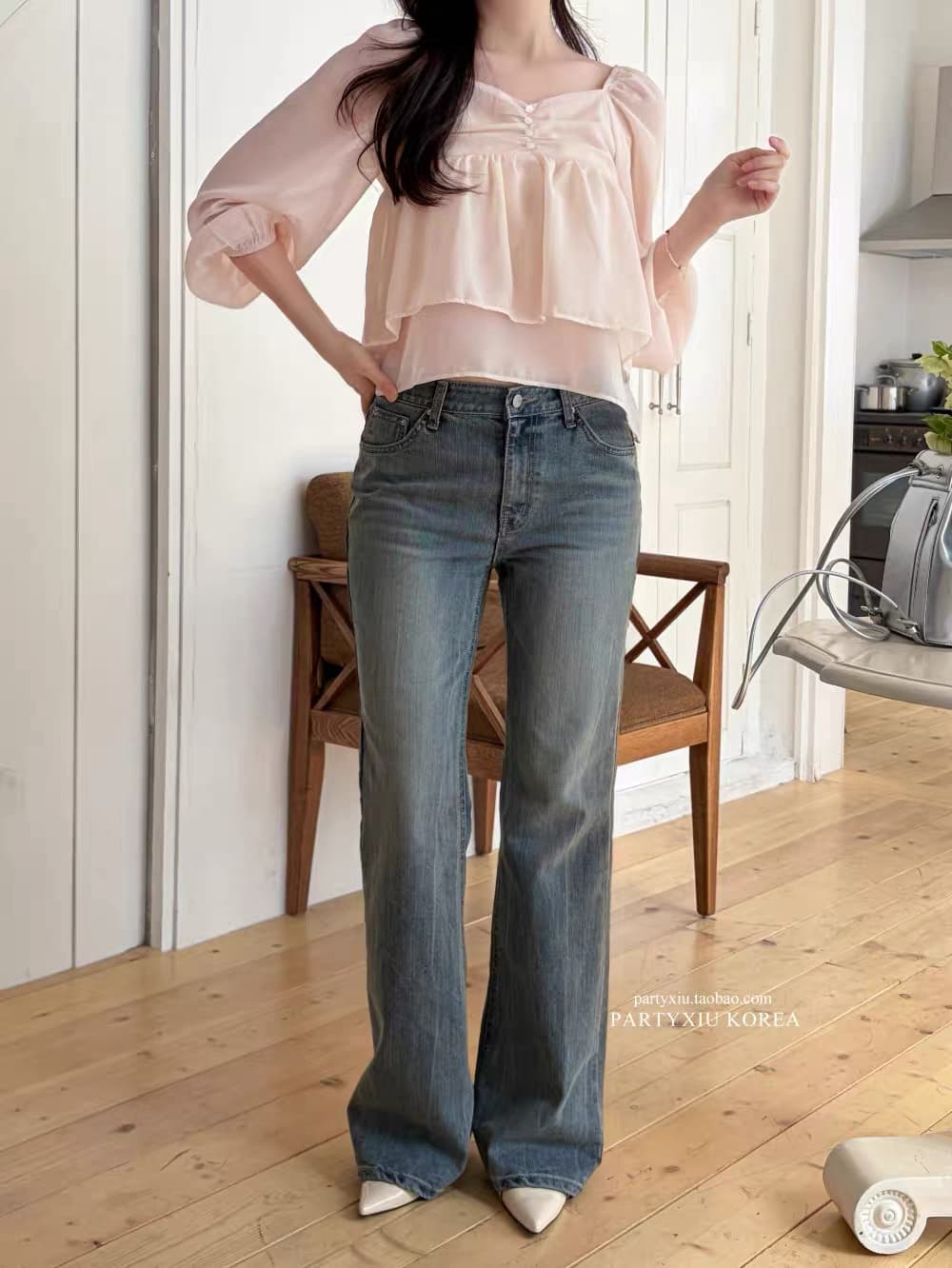 있음 창고 부드러운 달콤함 부드러운 분말 심장 칼라 이중층 쉬폰 긴팔 셔츠 상세 이미지 13
