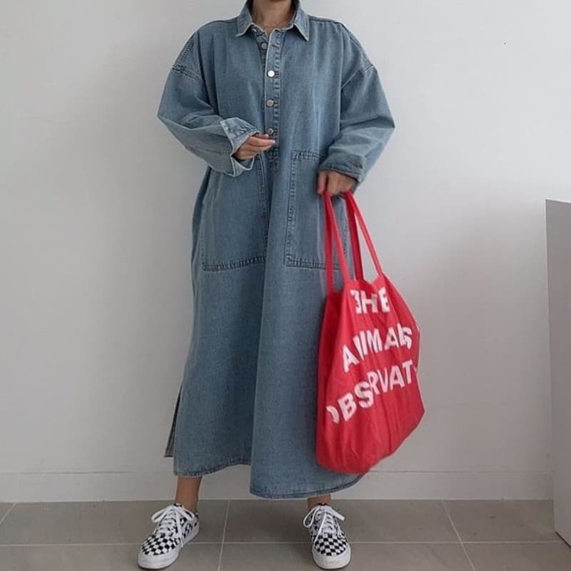 있음 창고 한국 chic 다용도 폴로 칼라 빅 포켓 데님 여성 드레스
