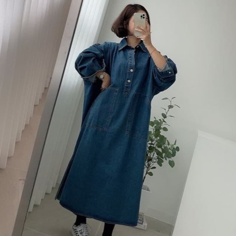 있음 창고 한국 chic 다용도 폴로 칼라 빅 포켓 데님 여성 드레스 이미지 2