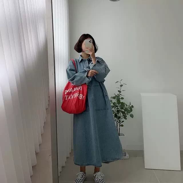 있음 창고 한국 chic 다용도 폴로 칼라 빅 포켓 데님 여성 드레스 상세 이미지 7
