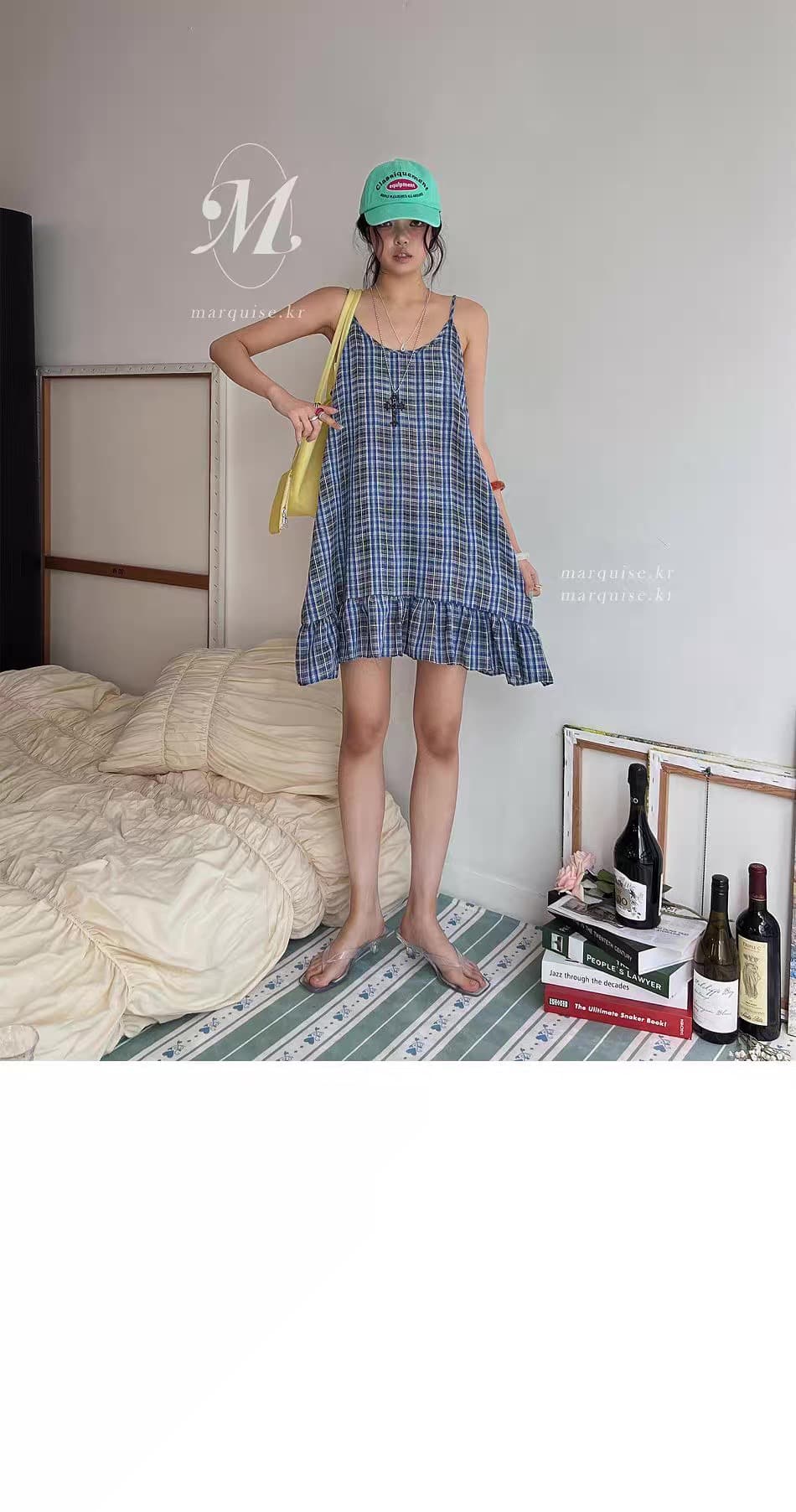 있음 창고 레트로 장난기 넘치는 연령 감소 연꽃 잎 치마 체크무늬 슬립 드레스 상세 이미지 1
