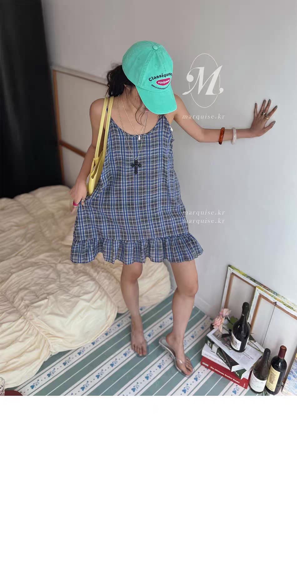 있음 창고 레트로 장난기 넘치는 연령 감소 연꽃 잎 치마 체크무늬 슬립 드레스 상세 이미지 4