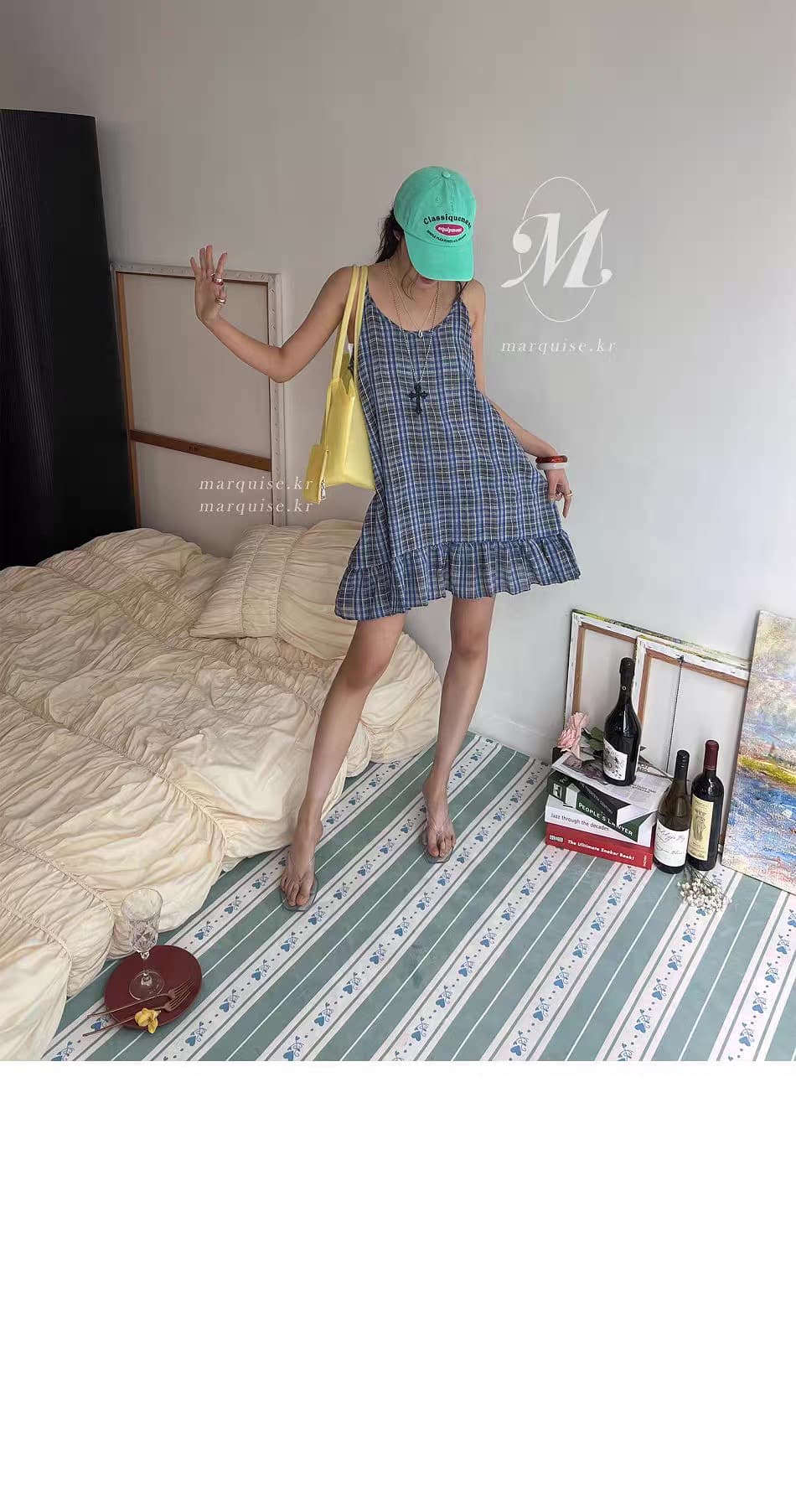 있음 창고 레트로 장난기 넘치는 연령 감소 연꽃 잎 치마 체크무늬 슬립 드레스 상세 이미지 10