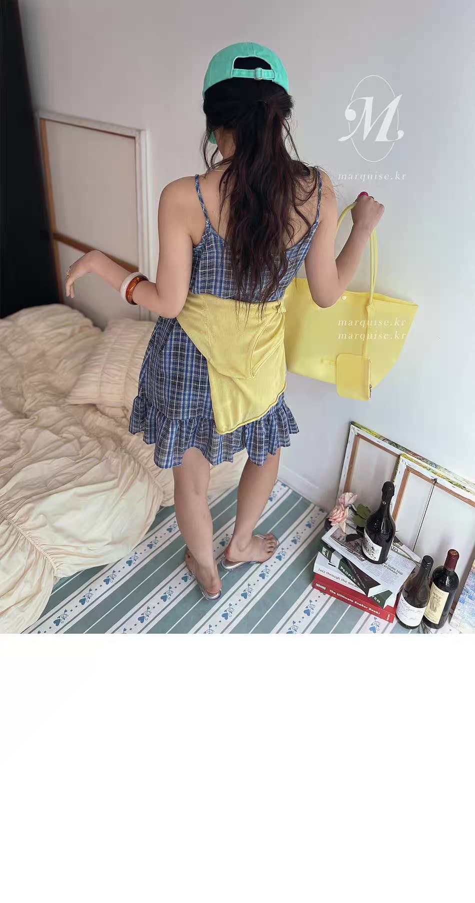 있음 창고 레트로 장난기 넘치는 연령 감소 연꽃 잎 치마 체크무늬 슬립 드레스 상세 이미지 14