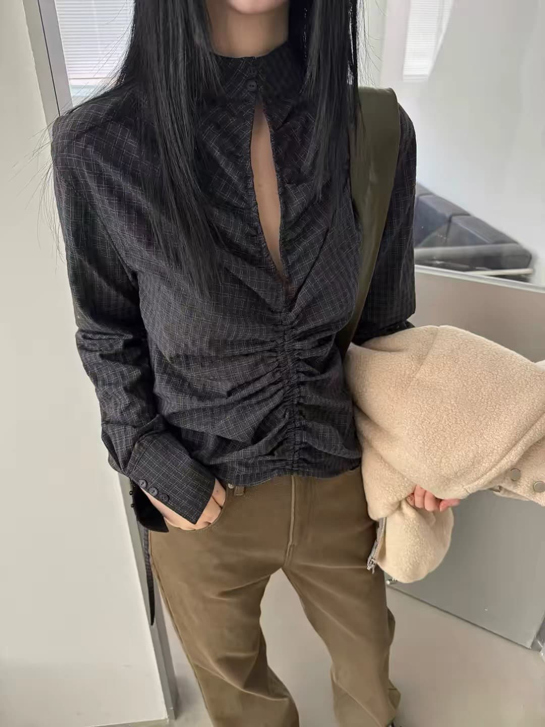 있음 창고 펌프 Pleat 작은 스탠드 칼라 체크무늬 셔츠