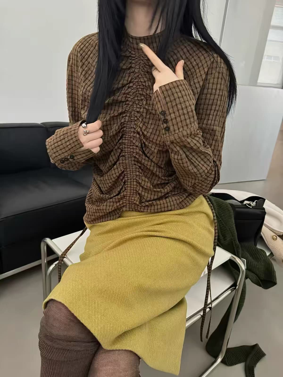 있음 창고 펌프 Pleat 작은 스탠드 칼라 체크무늬 셔츠 이미지 2