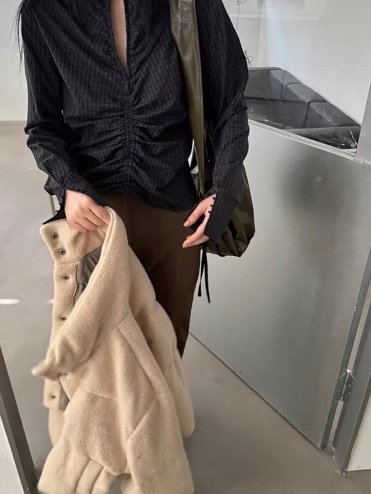 있음 창고 펌프 Pleat 작은 스탠드 칼라 체크무늬 셔츠 이미지 4