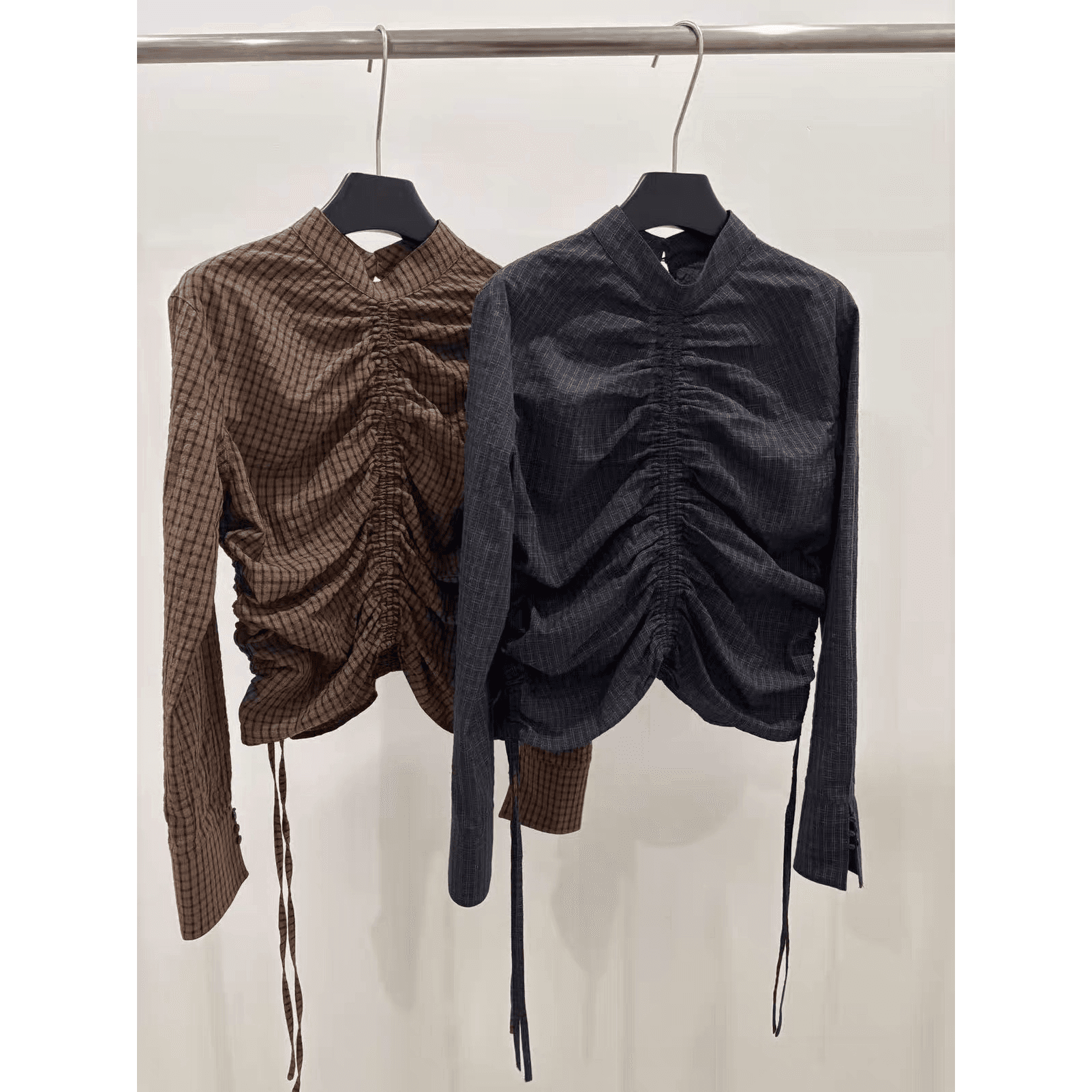 있음 창고 펌프 Pleat 작은 스탠드 칼라 체크무늬 셔츠 이미지 5