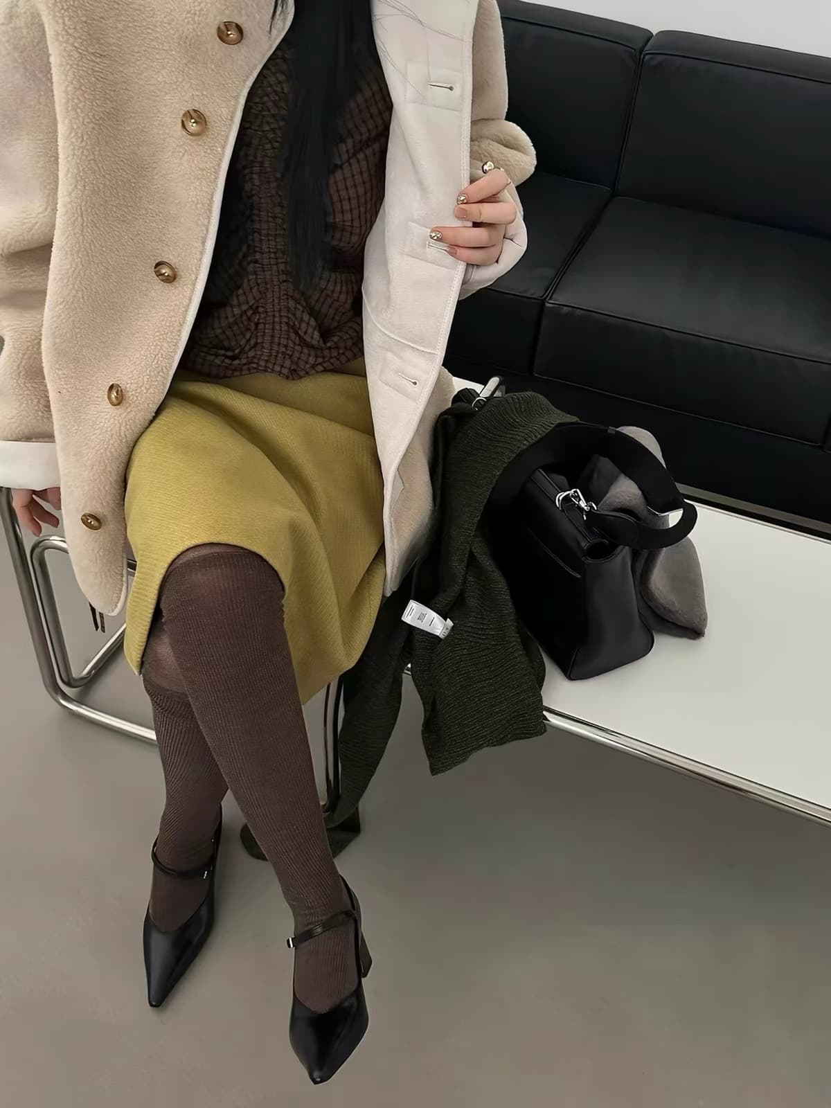 있음 창고 펌프 Pleat 작은 스탠드 칼라 체크무늬 셔츠 상세 이미지 3