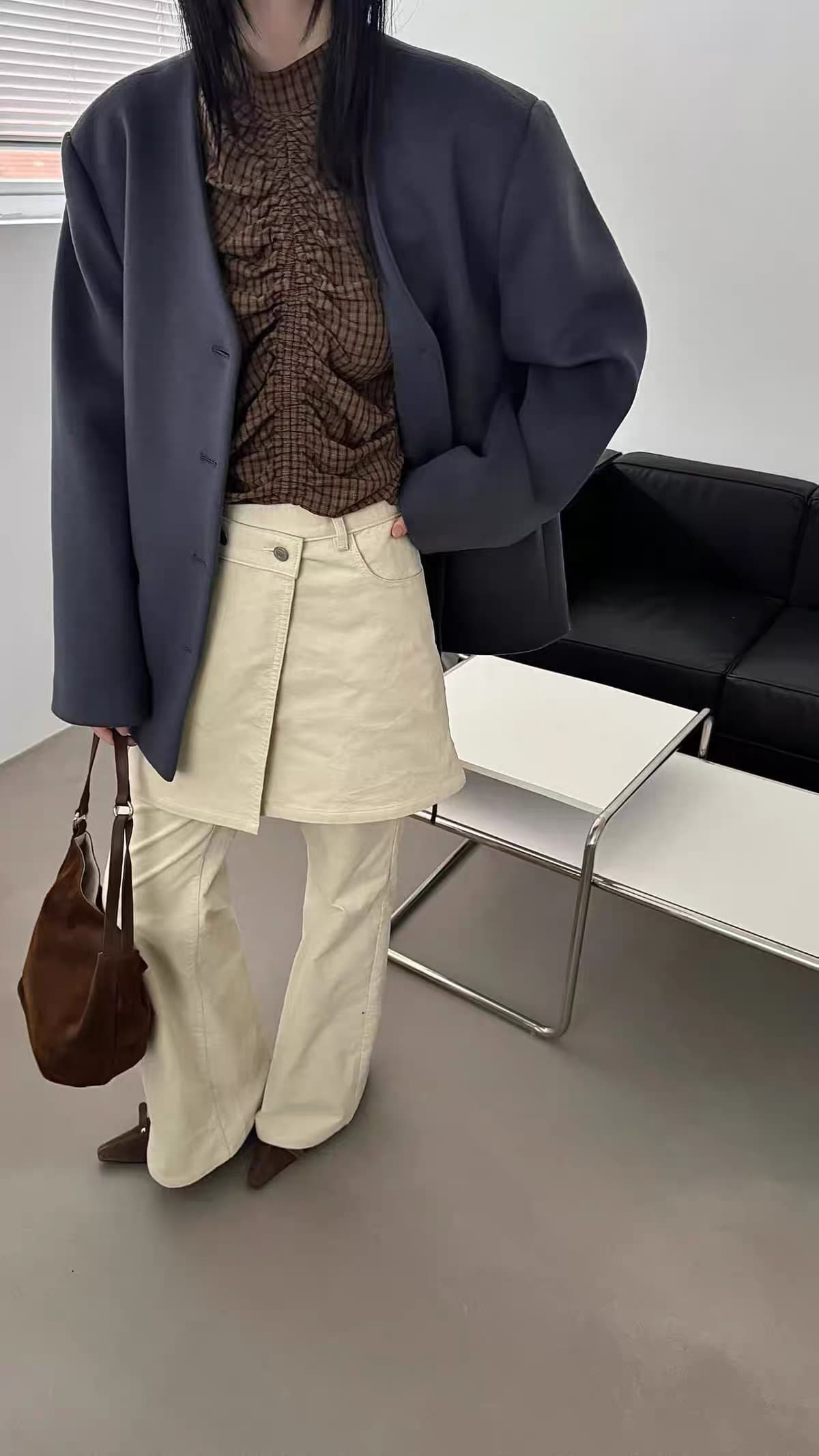 있음 창고 펌프 Pleat 작은 스탠드 칼라 체크무늬 셔츠 상세 이미지 7