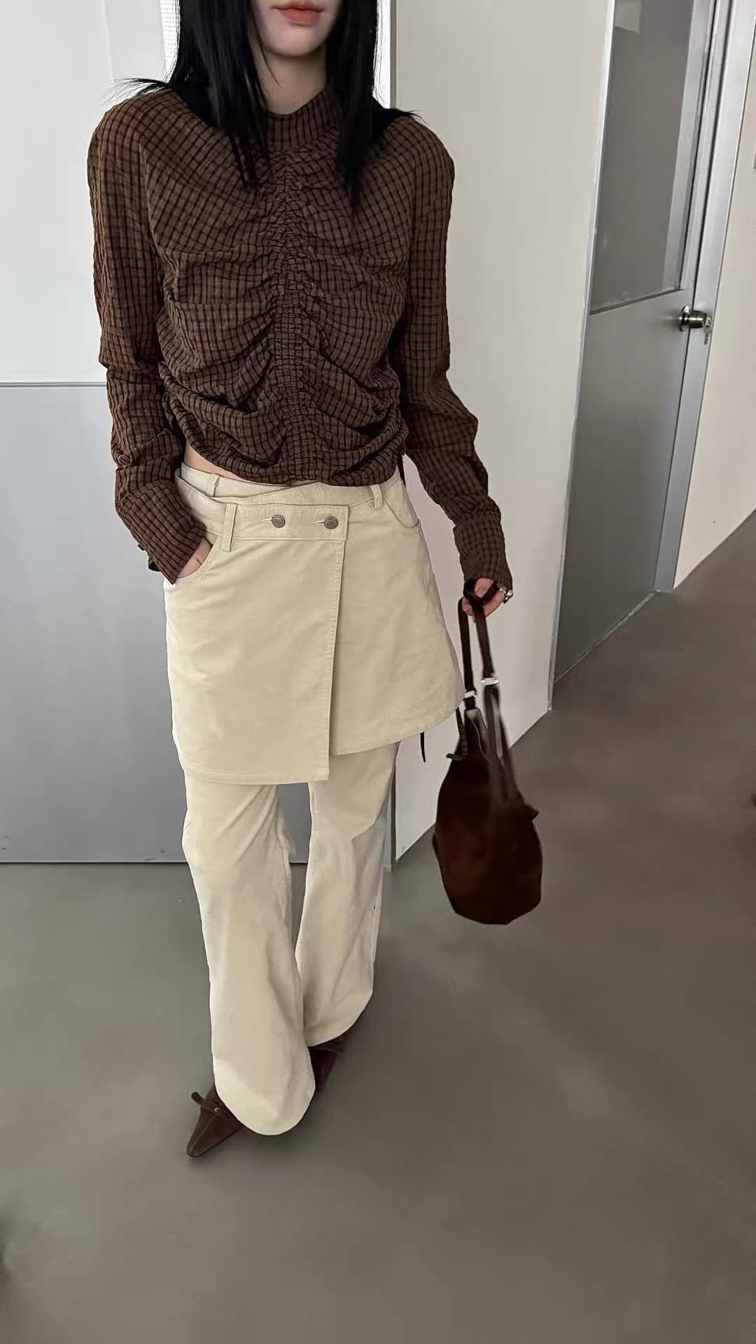 있음 창고 펌프 Pleat 작은 스탠드 칼라 체크무늬 셔츠 상세 이미지 8