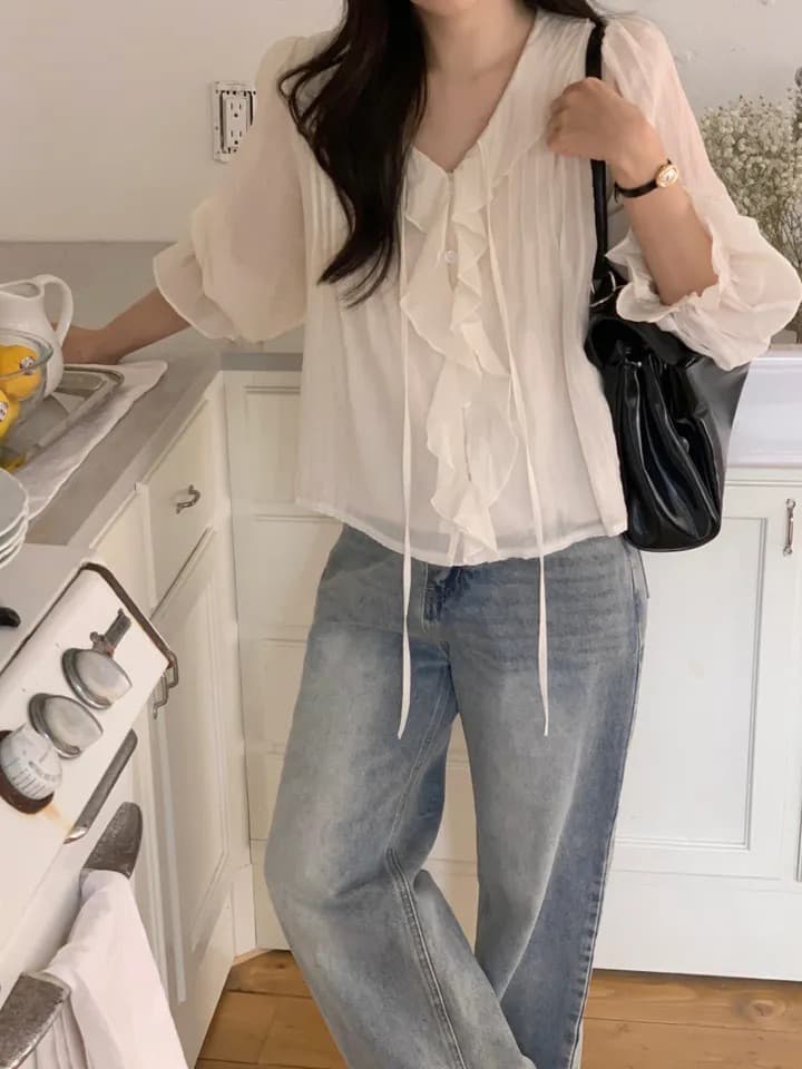 있음 창고 프랑스식 달콤함 V넥 프릴 셔츠 디자인 센스 셔츠 이미지 4