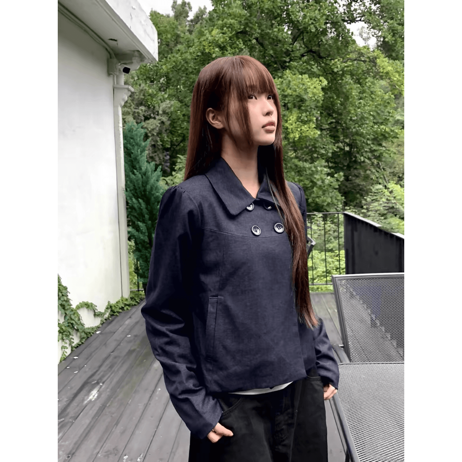 있음 창고 레트로 디자인 네 이중 버튼 폴로 칼라 긴팔 재킷 재킷 맨위 이미지 5