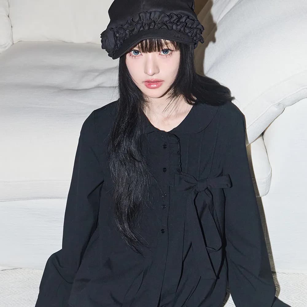 있음 창고 한국 26 새로운 레트로 레이스업 나비 매듭 주름 셔츠 맨위 이미지 4