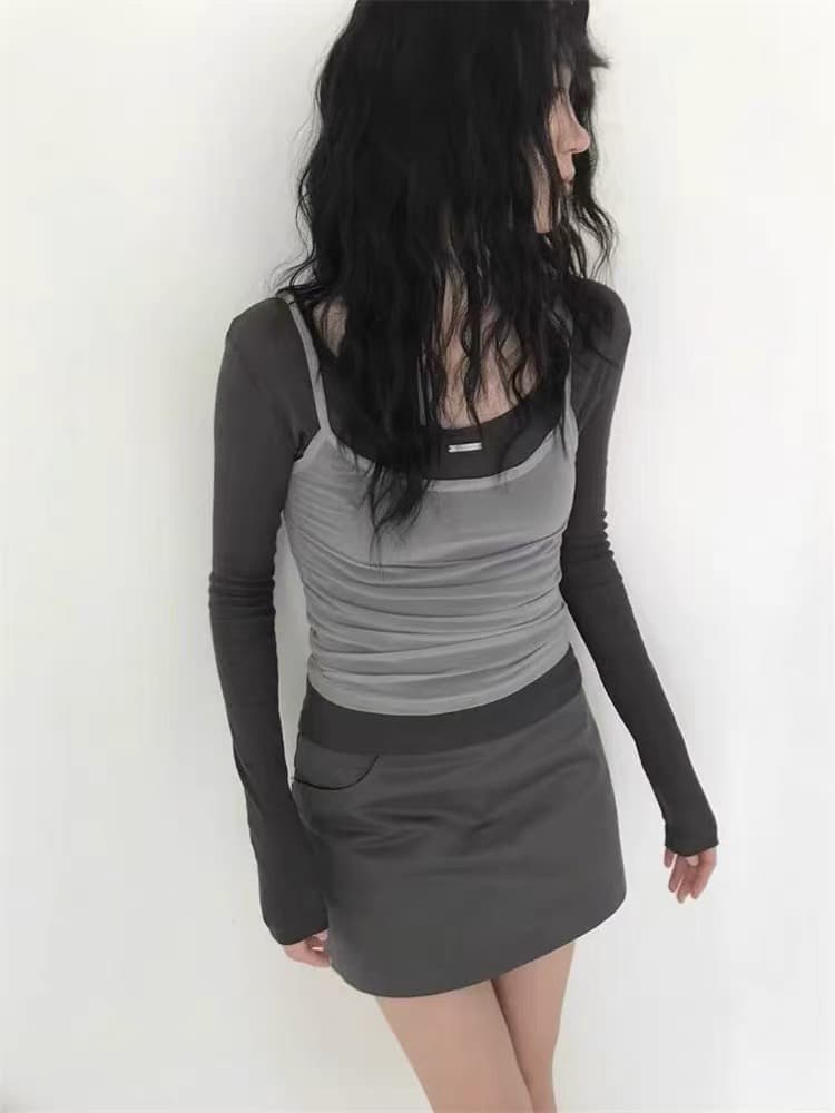 있음 창고 한국 동대문 이른 가을 새로운 망사 조끼 티셔츠 긴팔 인사이드 가져 가라. 투피스 슈트
