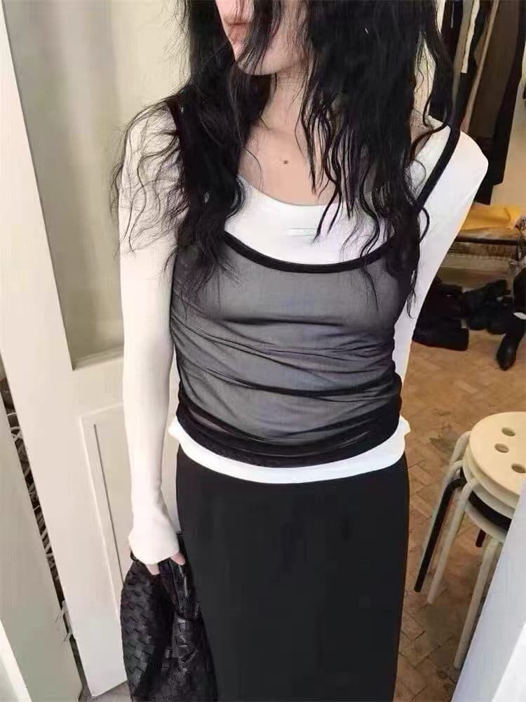 있음 창고 한국 동대문 이른 가을 새로운 망사 조끼 티셔츠 긴팔 인사이드 가져 가라. 투피스 슈트 상세 이미지 1