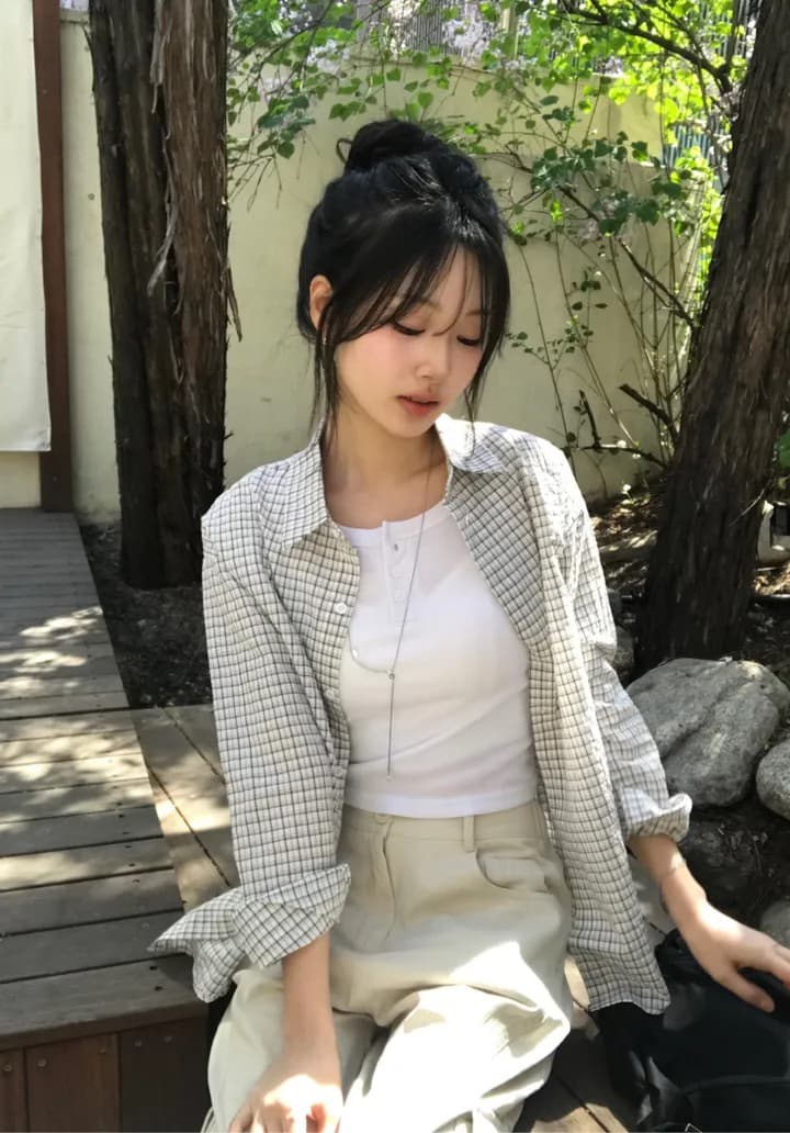 있음 창고 한국 chic 소녀 센스 싱글 줄 버튼 격자 무늬 셔츠 이미지 3