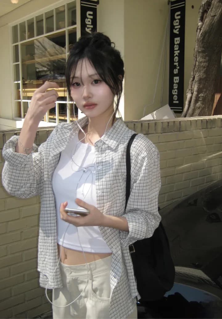 있음 창고 한국 chic 소녀 센스 싱글 줄 버튼 격자 무늬 셔츠 상세 이미지 3